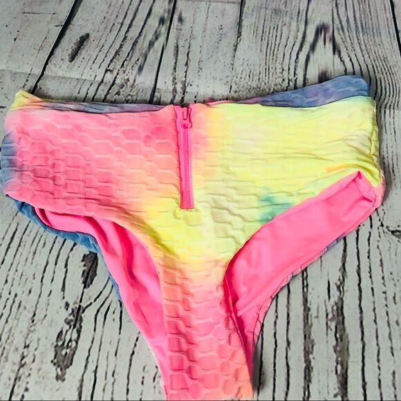 TiniBikini Pastel Tie Dye Strappy Zipper Two-Piece Swimsuit High Waist XS - Picture 6 of 9